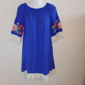 Lady's world floral embroidery fringe trim dress